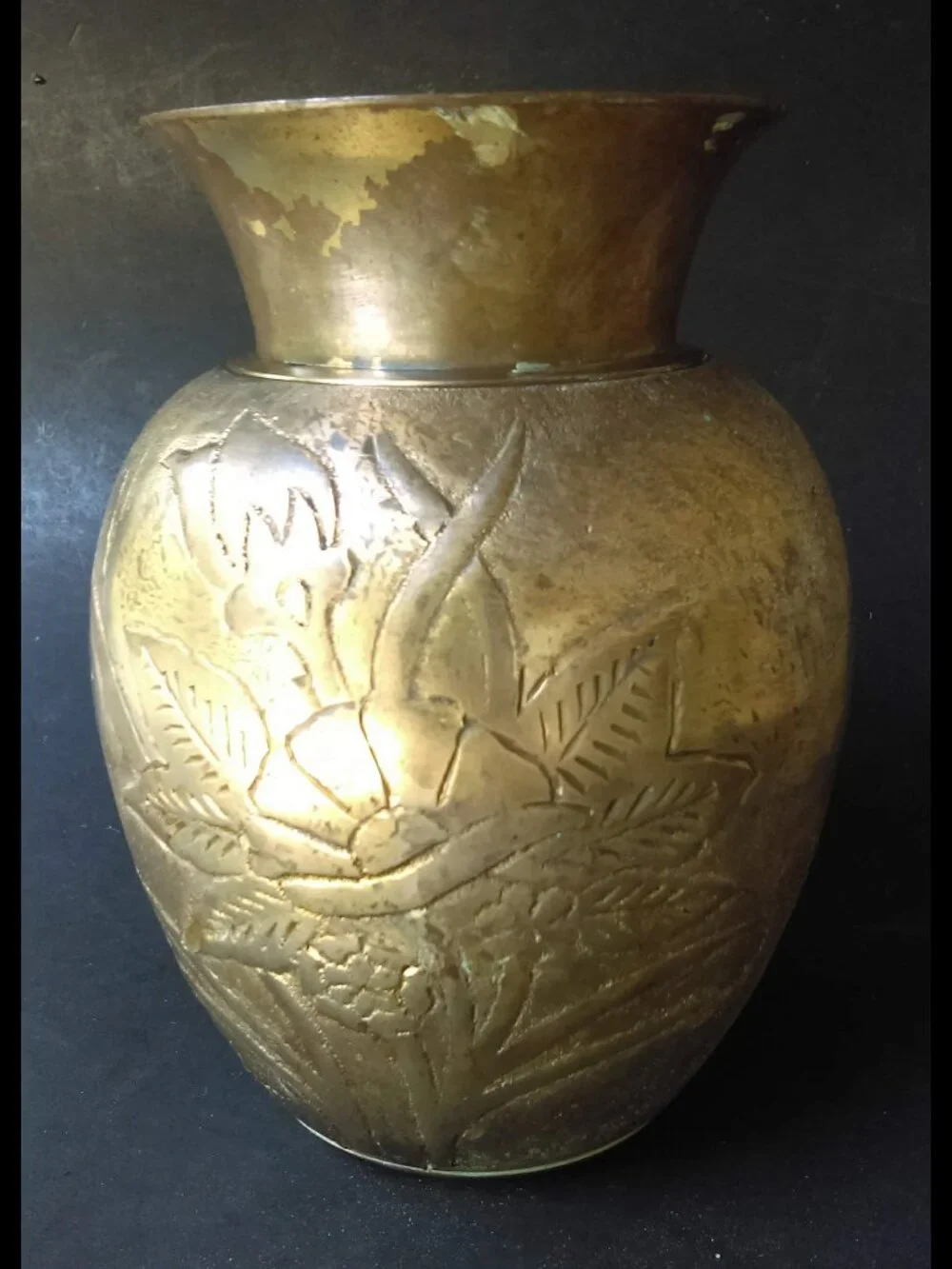 Vintage Solid Brass Embossed Raised Relief Floral Vase Decor 5-1/2